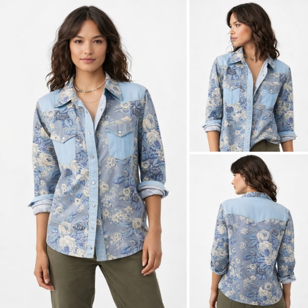 Nwt Anthropologie Love The Label Floral Chambray Buttondown Western Denim Alt